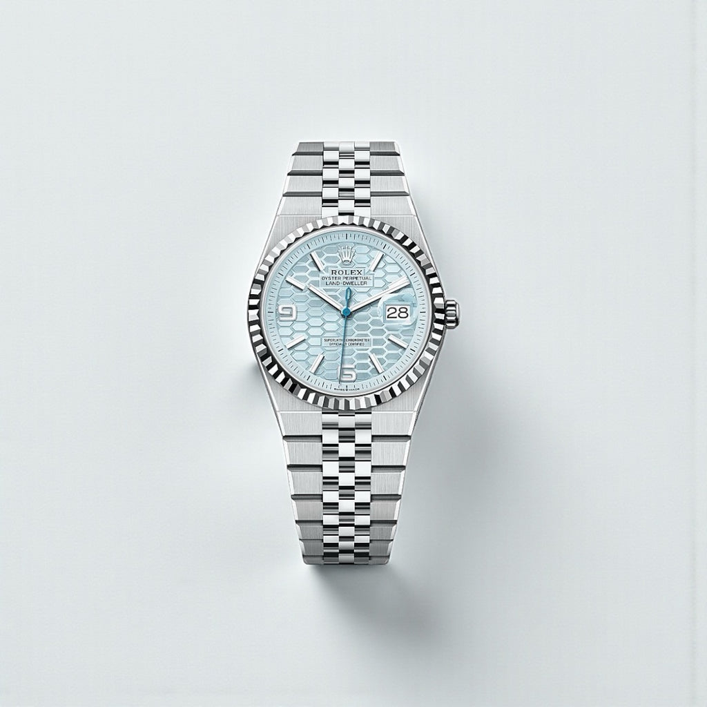 Rolex Land Dweller 950 Platinum Ice-Blue Honeycomb Dial